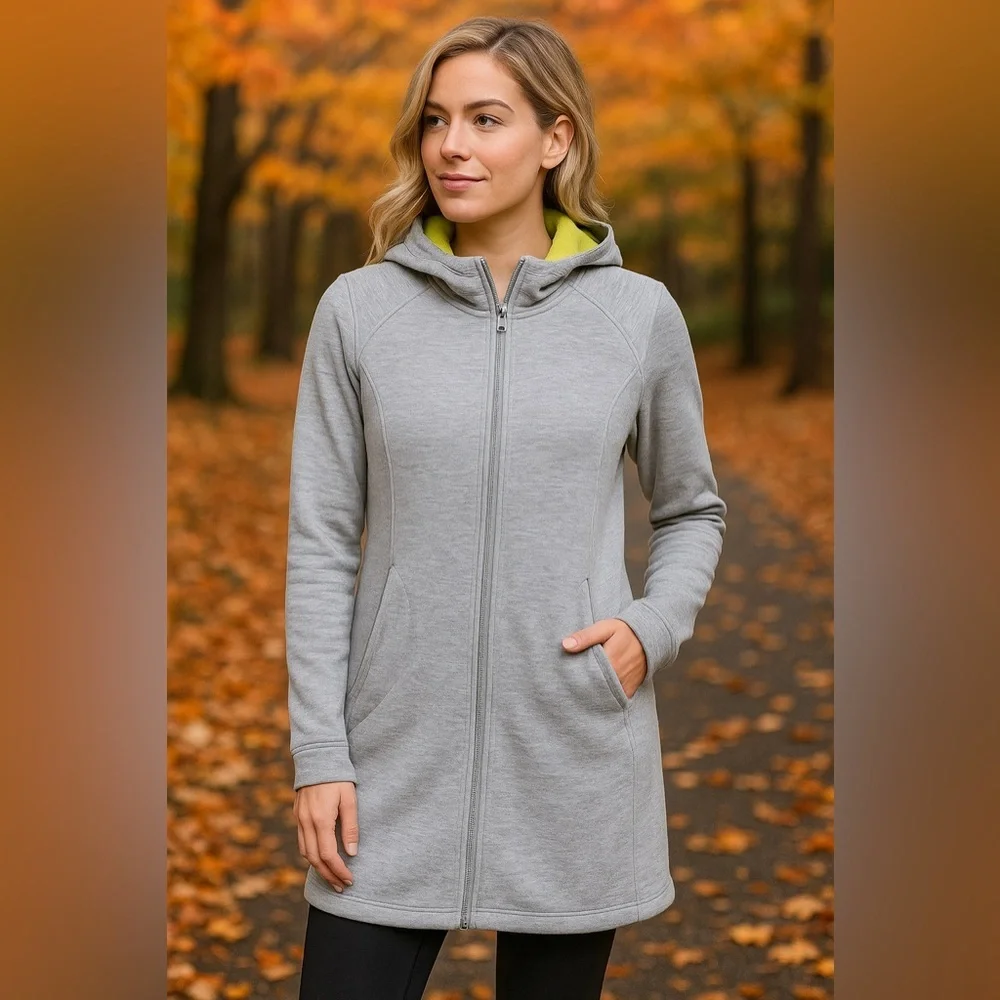 Athleta Grey Long Zip Up Fleece Sweatshirt Hoodie Jacket Size Large - Picture 1 of 12